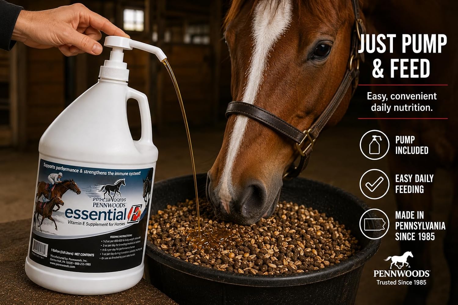 Essential E: Equine Vitamin E Horse Supplement, 1 Gallon | Supports Horse Health, Athletic Performance, Muscle Recovery, Equine Daily Nutrition