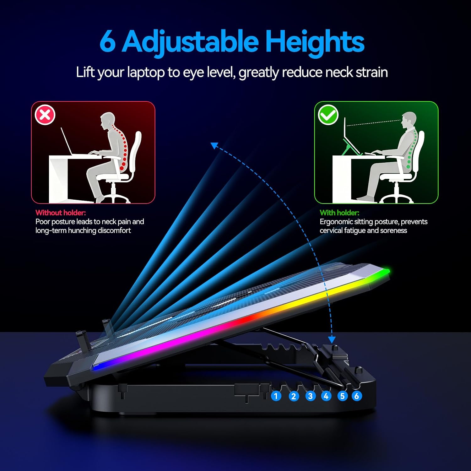 ICE COOREL Gaming Laptop Cooling Pad 15-17.3 Inch, Laptop Fan with 6 RGB Cooling Fans, Laptop Cooling Stand with 6 Height Adjustable