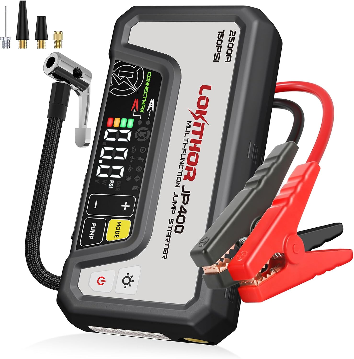 LOKITHOR JP400 Jump Starter with Air Compressor for 8.5L Gas/6.5L Diesel | 2500A 12V Portable Jumper Starter for Car, 150PSI Tire Inflator, 300 Lumen LED Light, Power Bank, ConnectMax, Jumper Cables