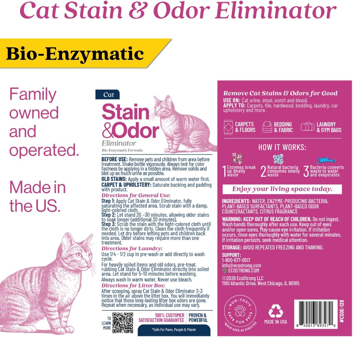 Eco Strong Cat Stain And Odor Remover| Enzyme Urine Odor Neutralizer - Stain Remover for Carpet, Litter Boxes, Bedding