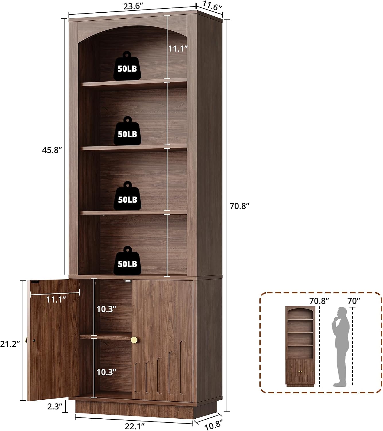 IRONCK Book Shelf and Bookcases with Doors Floor Standing 6 Shelf Display Storage Shelves, 70.8" Tall Bookcase for Home Office, Living Room
