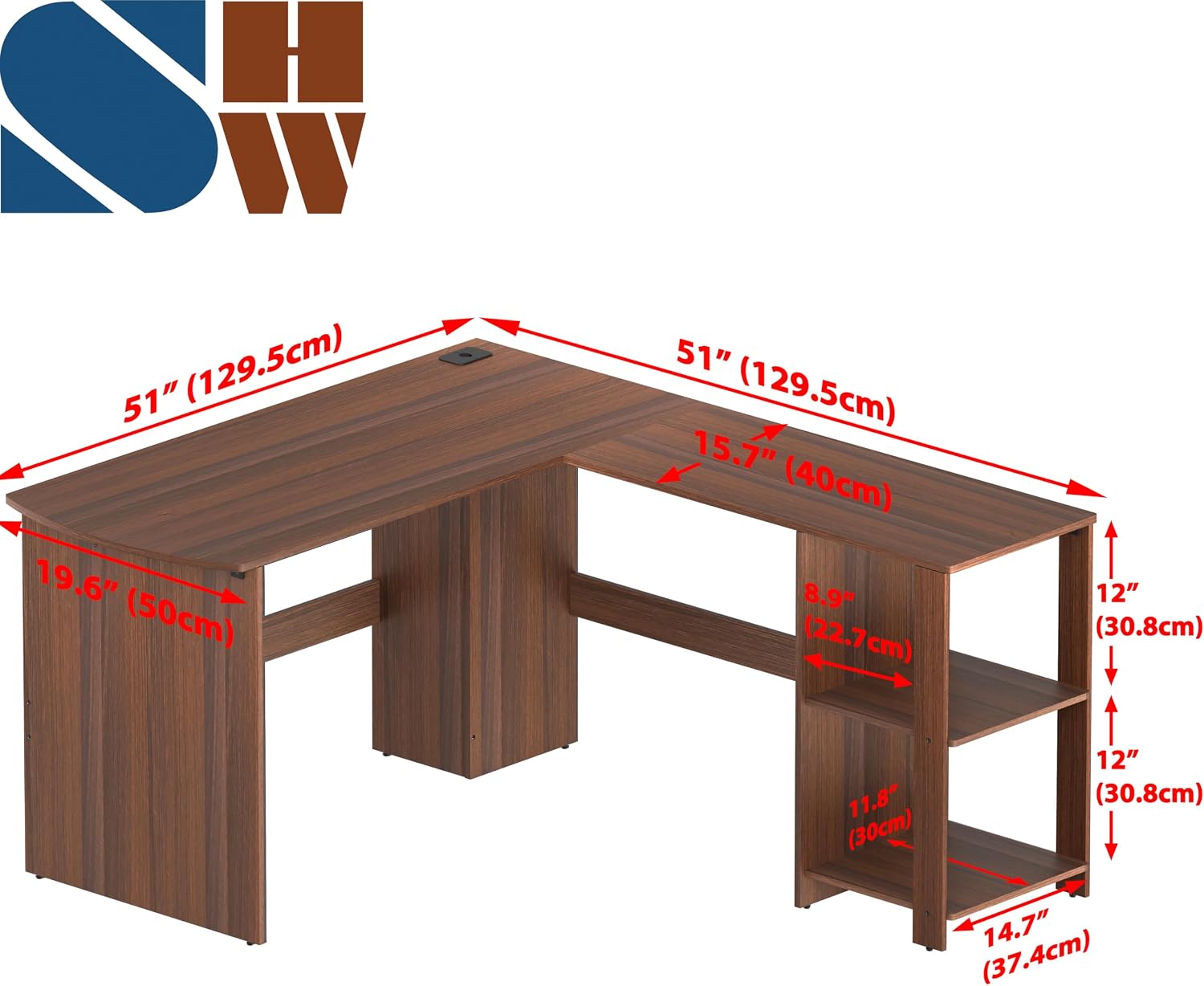 SHW 51 x 51 L-Shaped Home Office Wood Corner Desk with Storage, Espresso | Integrated Book Shelves