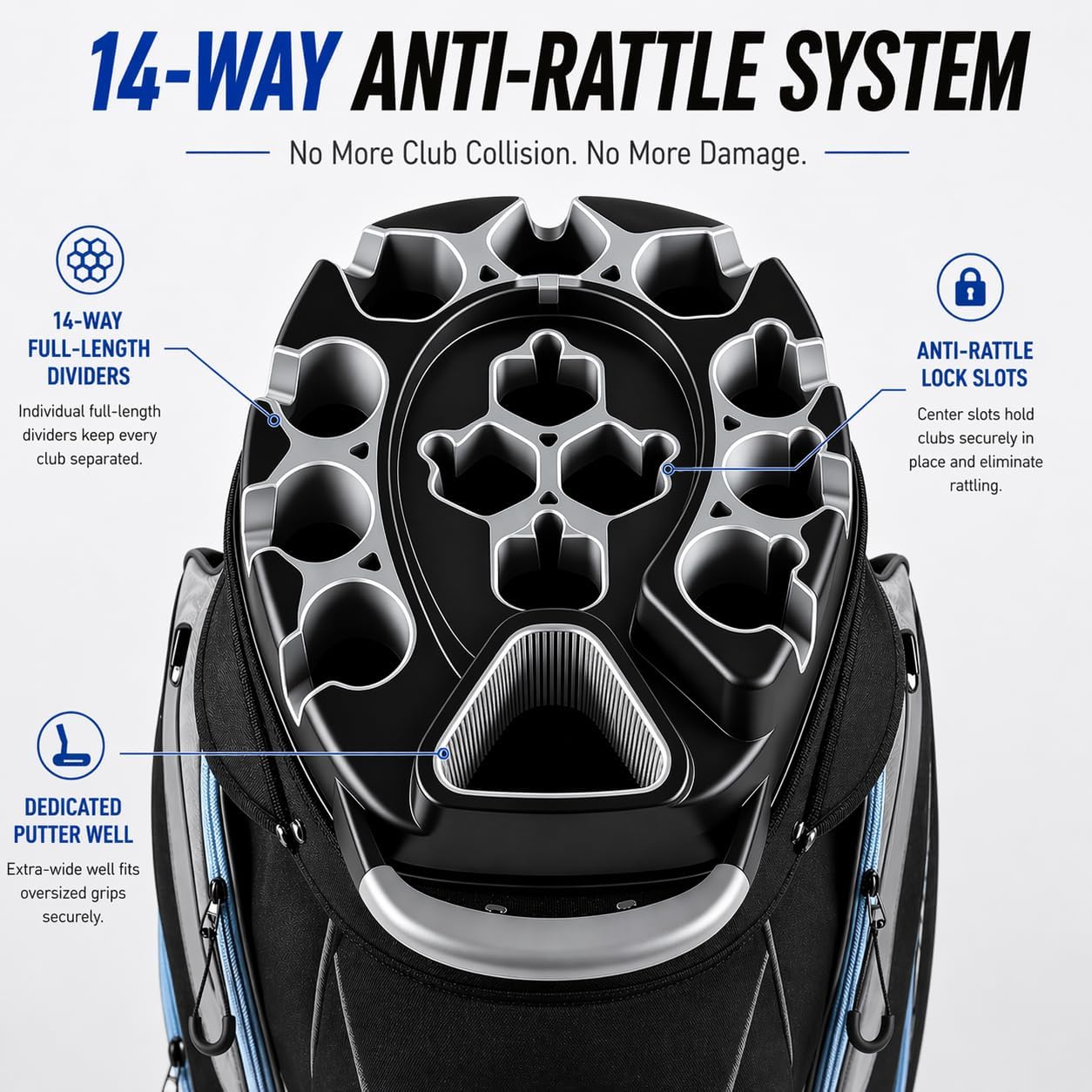14-Way Golf Cart Bag, Professional Organizer Cart Bag with Anti-Rattle Top