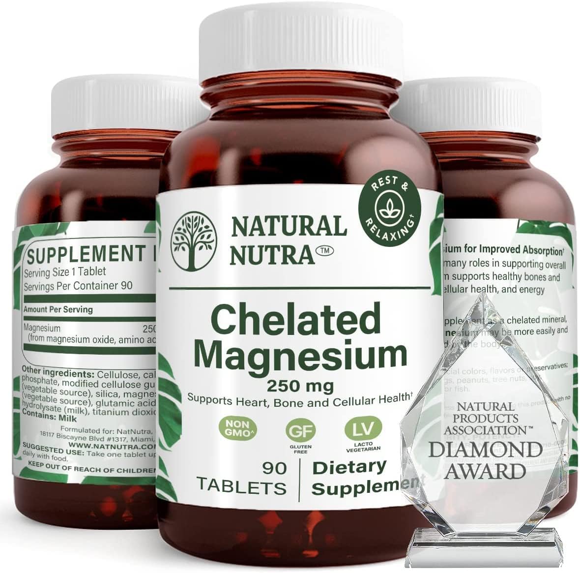Natural Nutra Chelated Magnesium Oxide 250 mg - High Absorption for Strong Bones, Heart Health, Dental Health, Energy Boost, Gluten-Free, Non-GMO, 180 Tablets in BPA-Free Recyclable Glass Bottles