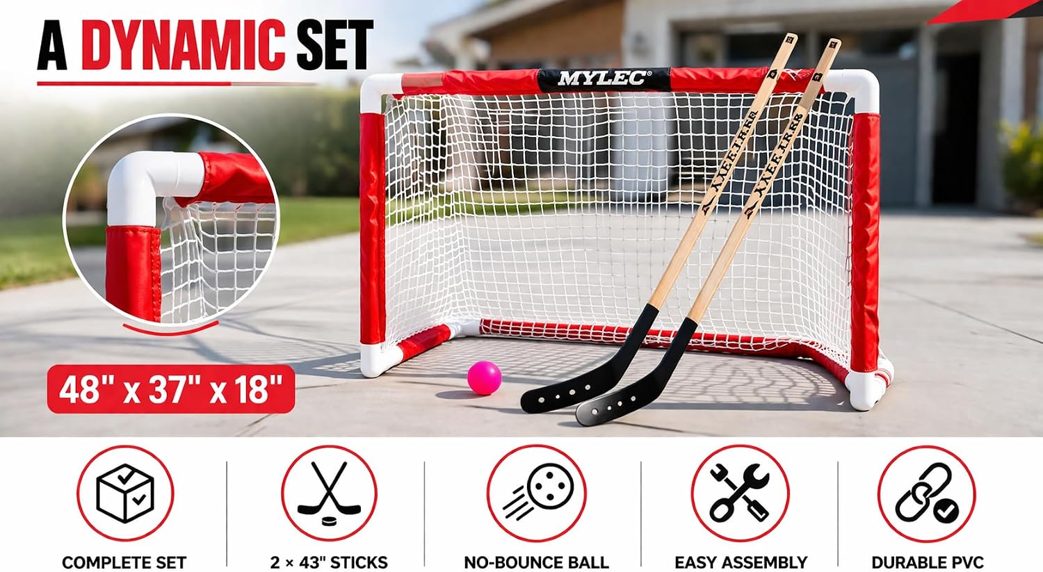 MyLec Deluxe Hockey Set, with 1 Hockey Goal, 2 43" Hockey Sticks & 1 Soft Ball, Sleeve Netting System, PVC Tubing Net, Lighweight & Durable