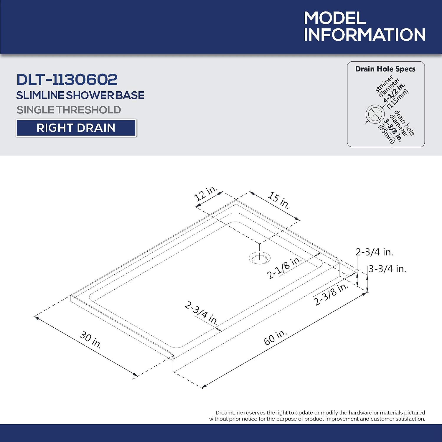 DreamLine SlimLine 32 in. D x 32 in. W x 2 3/4 in. H Center Drain Single Threshold Shower Base in White, DLT-1132320