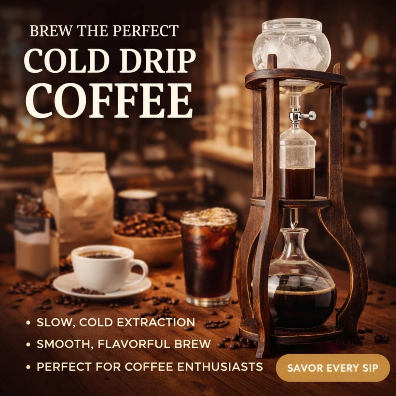 Nispira Iced Coffee Cold Brew Drip Tower Coffee Maker, 6–8 Cup Manual Cold Brew Brewer with Adjustable Valve, Wooden Frame & Glassware, Slow Cold Extraction System