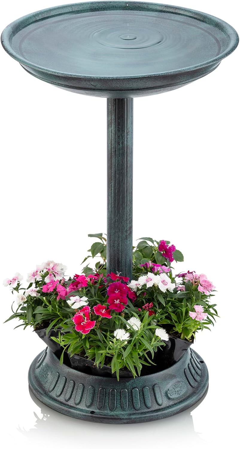 Alpine Corporation 25" Tall Outdoor Birdbath with Planter Pedestal Yard Statue, Stunning Garden Accent, 15" Round, Green