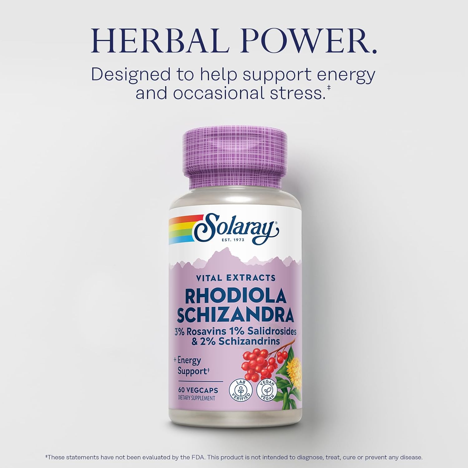 SOLARAY Rhodiola Schizandra - Rhodiola Rosea Extract - Energy Support and Occasional Stress Relief Supplement - Vegan, Lab Verified