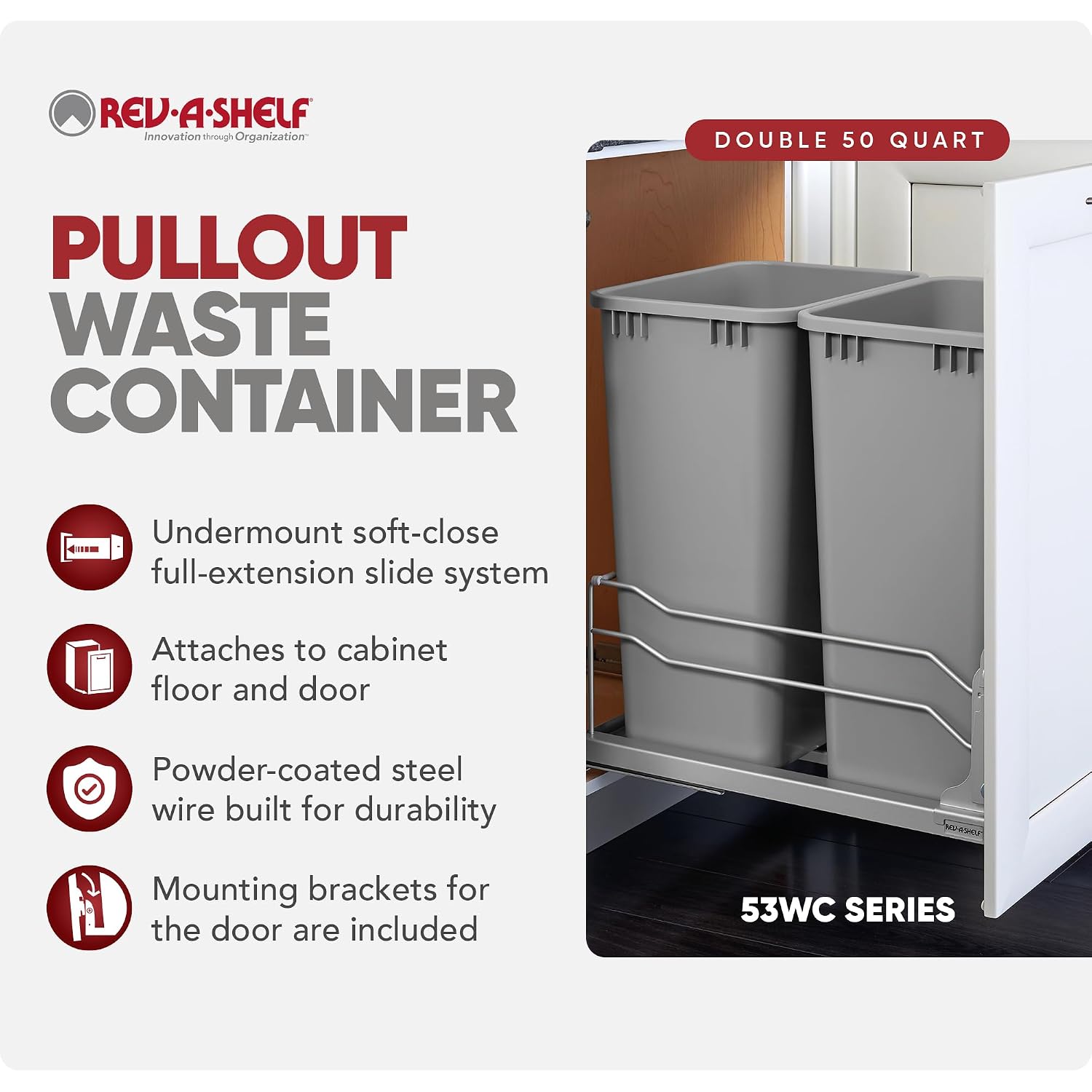 Rev-A-Shelf Double Pullout Trash Can w/Soft-Close Slides, 14.5" Min Opening | Large Capacity Garbage/ Recycling Bins for Full Height Kitchen Cabinets, Heavy Gauge Wire Construction, 53WC-2150SCDM-217