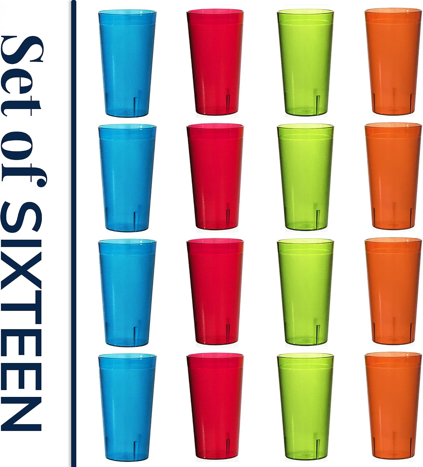 US Acrylic Cafe Plastic Reusable Tumblers (Set of 16) 20-ounce Water Cups Coastal Colors | Restaurant Style Drinking Glasses Value Set, Stackable, BPA-free, Made in the USA | Top-rack Dishwasher Safe