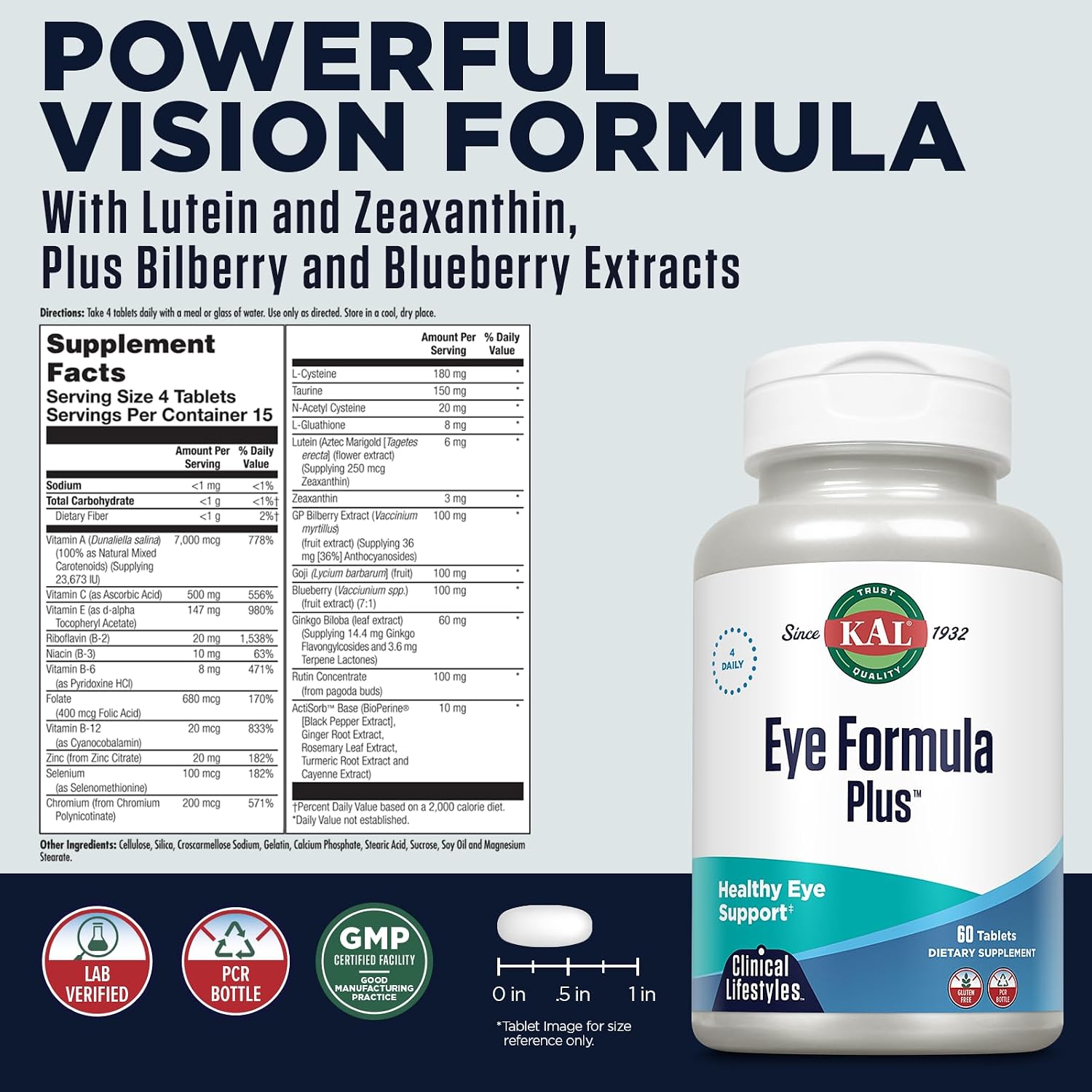 KAL Eye Formula Plus, 60 Tablets | Eye & Vision Support, Lutein, Zeaxanthin, Bilberry & Goji Extracts, 15 Servings, Lab Verified