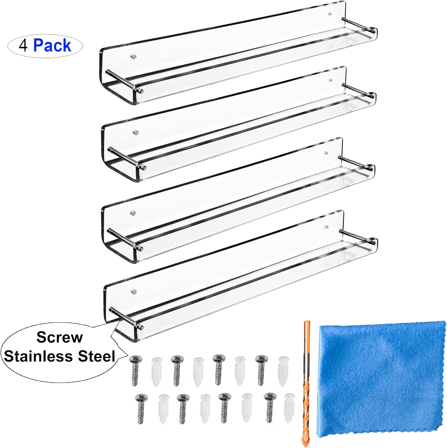 AMT 2 Pack Acrylic Floating Shelves, 15" L x 4" W, Clear Bathroom Wall, Bookshelves, Invisible Display for Office, Bedroom