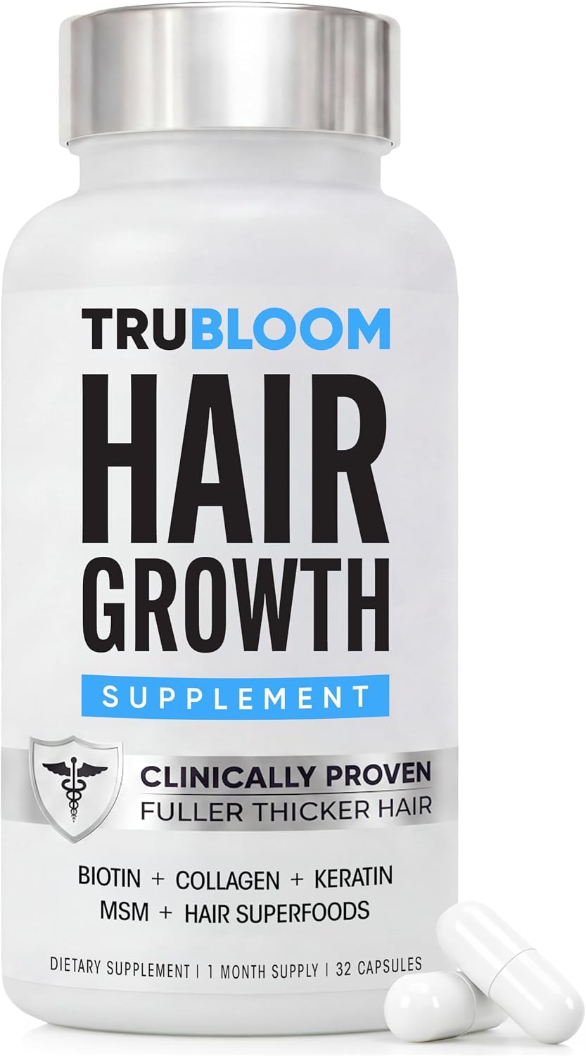 TRU BLOOM Hair Vitamins for Women and Men | Clinically Proven Hair Growth Supplements for Thinning Hair, Hair Loss, Thicker Fuller Hair | Biotin Collagen Keratin, Hair Growth Vitamins with DHT Blocker