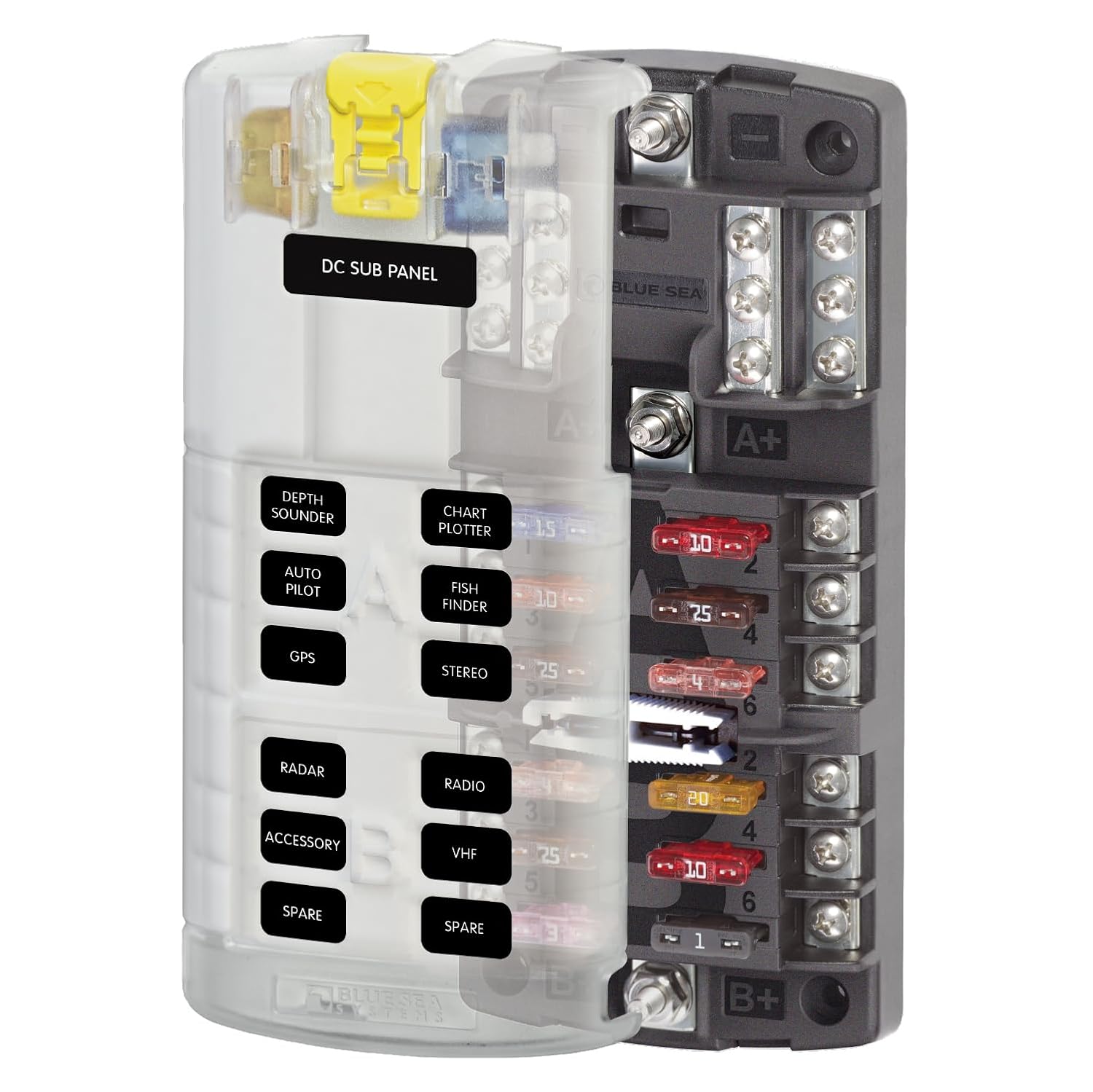 Blue Sea Systems ST Blade Fuse Block 6 Way Circuits with Negative Bus and Cover, 100 Amps, 5025