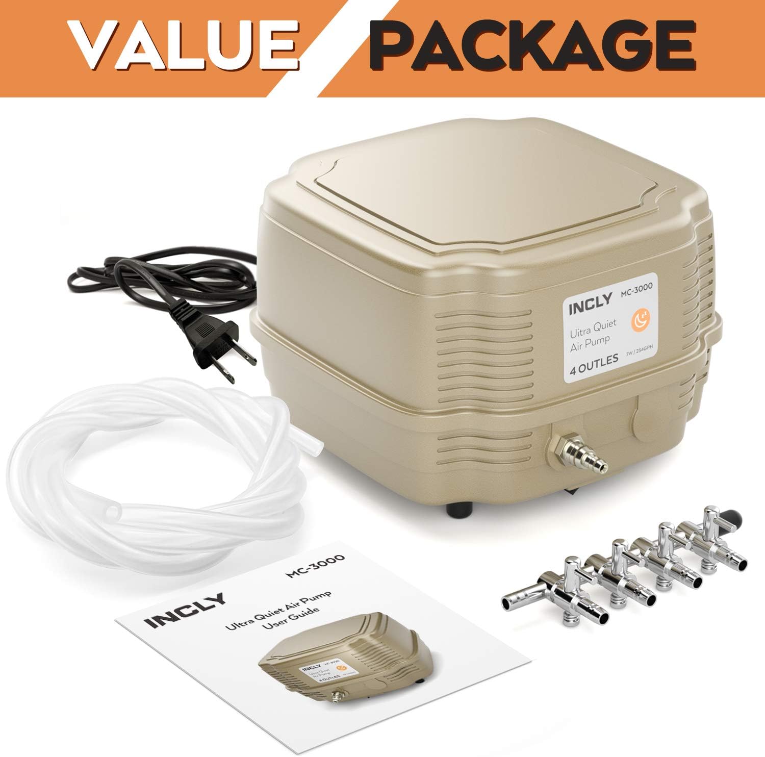 INCLY 7W Ultra Silent Aquarium Air Pump - 245 Gallon/Hr, 4 Adjustable Outlets - Commercial & Hydroponics Oxygen Bubbler for Fish Tank & Pond