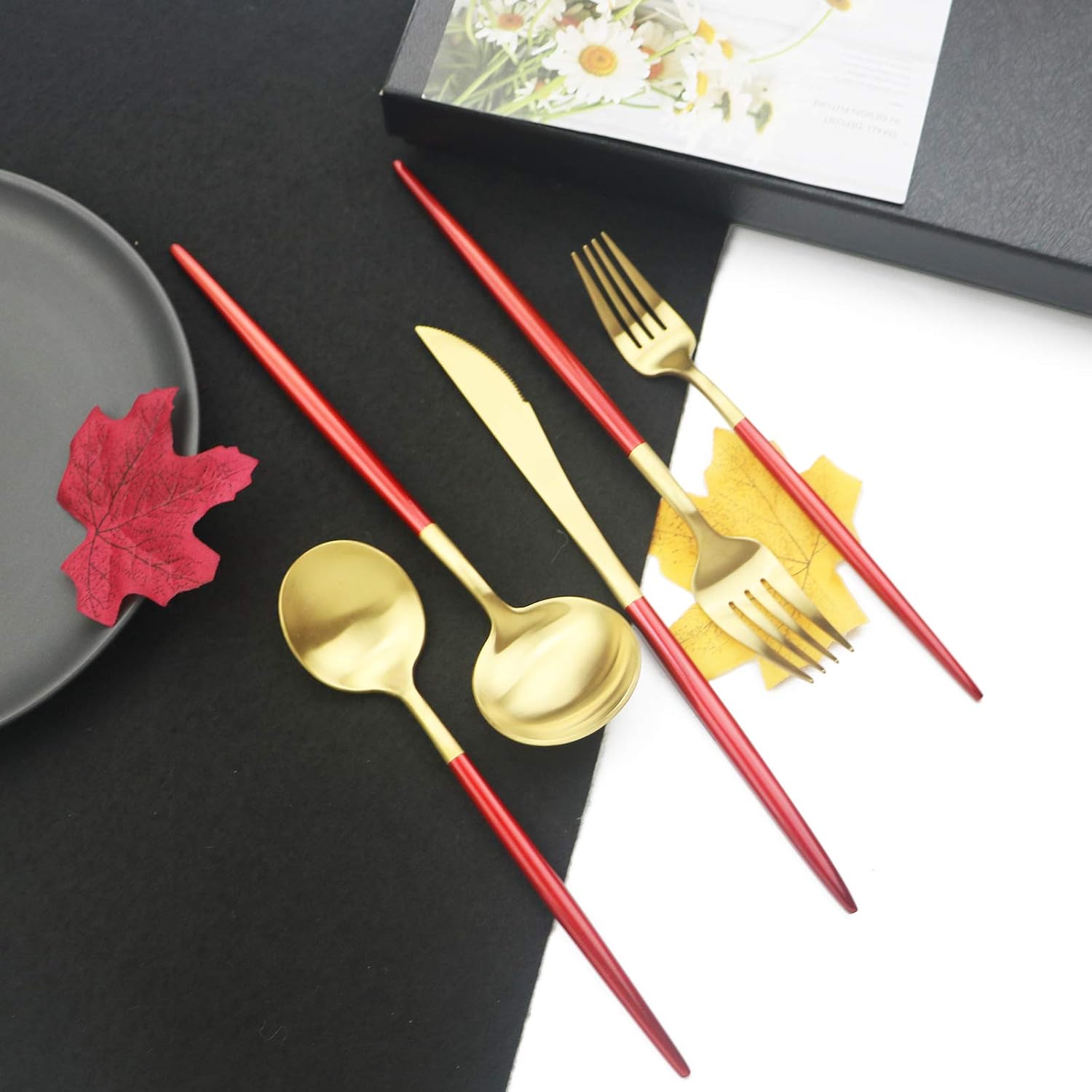 JASHII Luxury 18/10 Rainbow Flatware Set - 304 Stainless Steel Colorful Cutlery - 5-Piece Adaline Royal Modern Satin Finish for Birthday