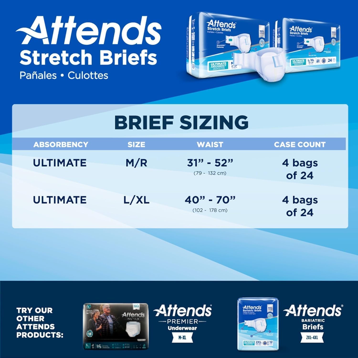Attends Stretch Adult Incontinence Disposable Briefs, Large/X-Large, 40"-70" Waist with SecureGrip Tab Closure, Ultimate Absorbency with Dry-Lock Containment Core and Breathable Side Panels, 96ct Case