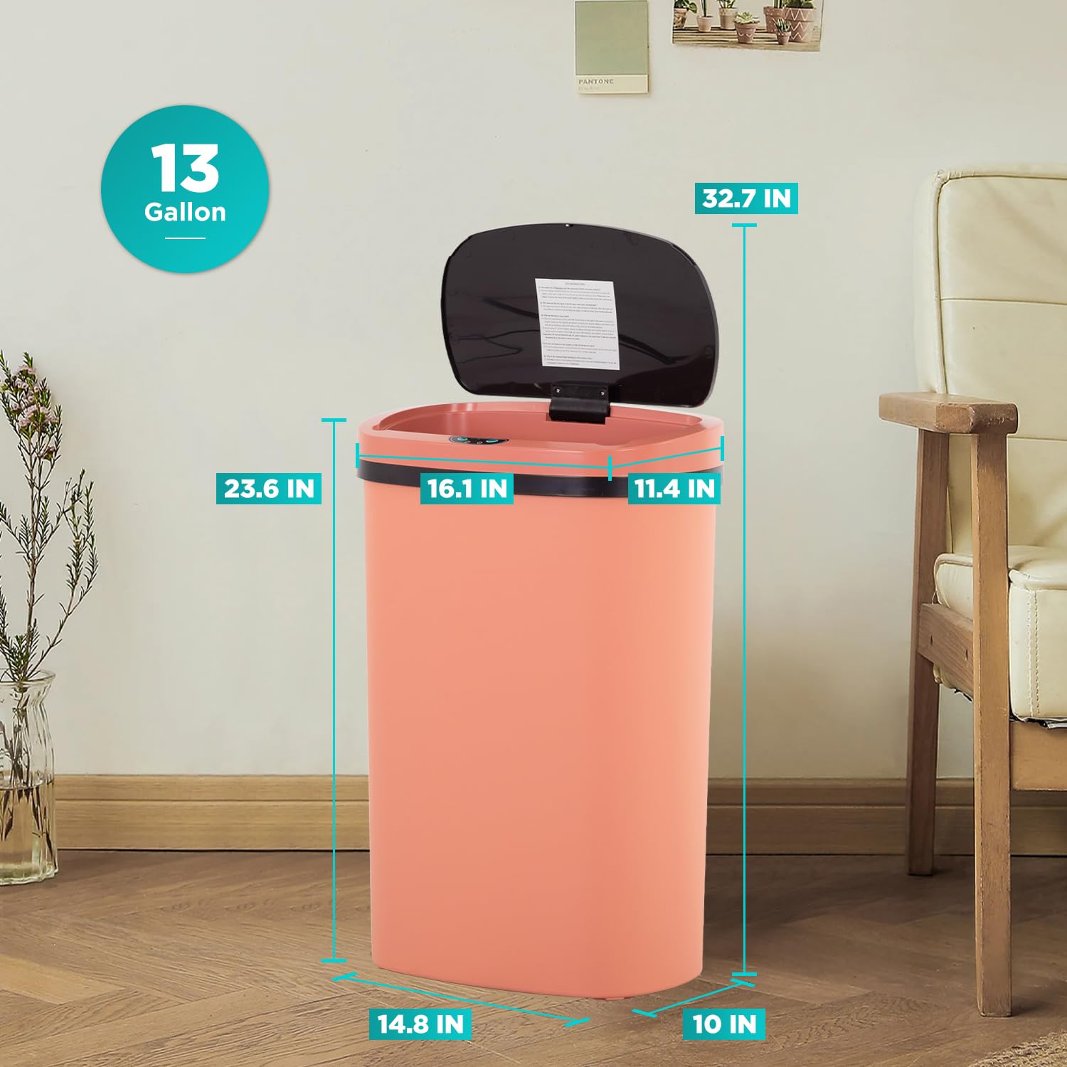 BestOffice | 13 Gallon Stainless Steel Trash Can with Lid | Steel | Automatic Touchless Garbage Can | Odor Control | Modern Oval Design | Easy to Clean | For Kitchen, Bathroom, Office or Home