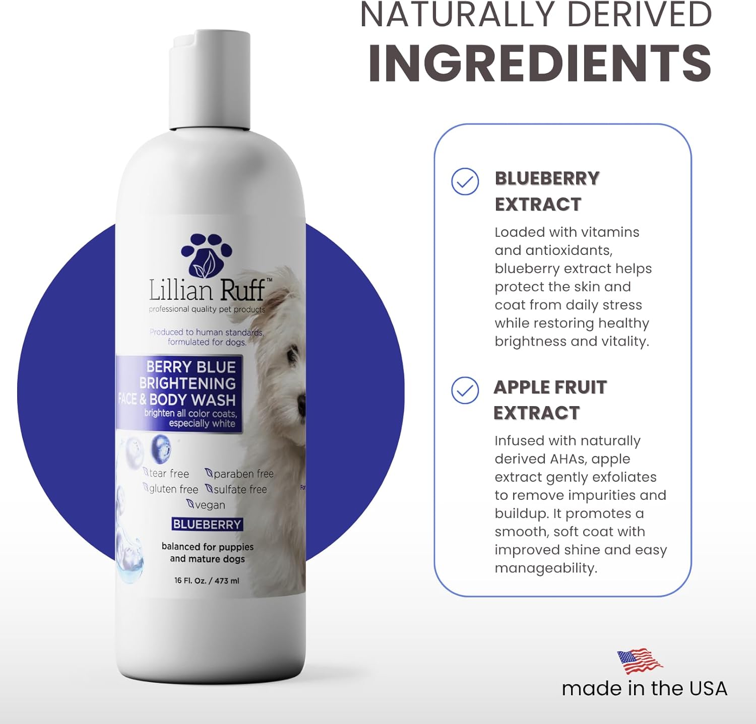 Lillian Ruff PRO Formula Berry Blue Brightening Pet Shampoo - Ultra-Hydrating Professional Whitening Dog Shampoo, Vivid Show-Quality Coat Enhancer, Tear Stain & Odor Eliminator With ProVitamin B5 16oz