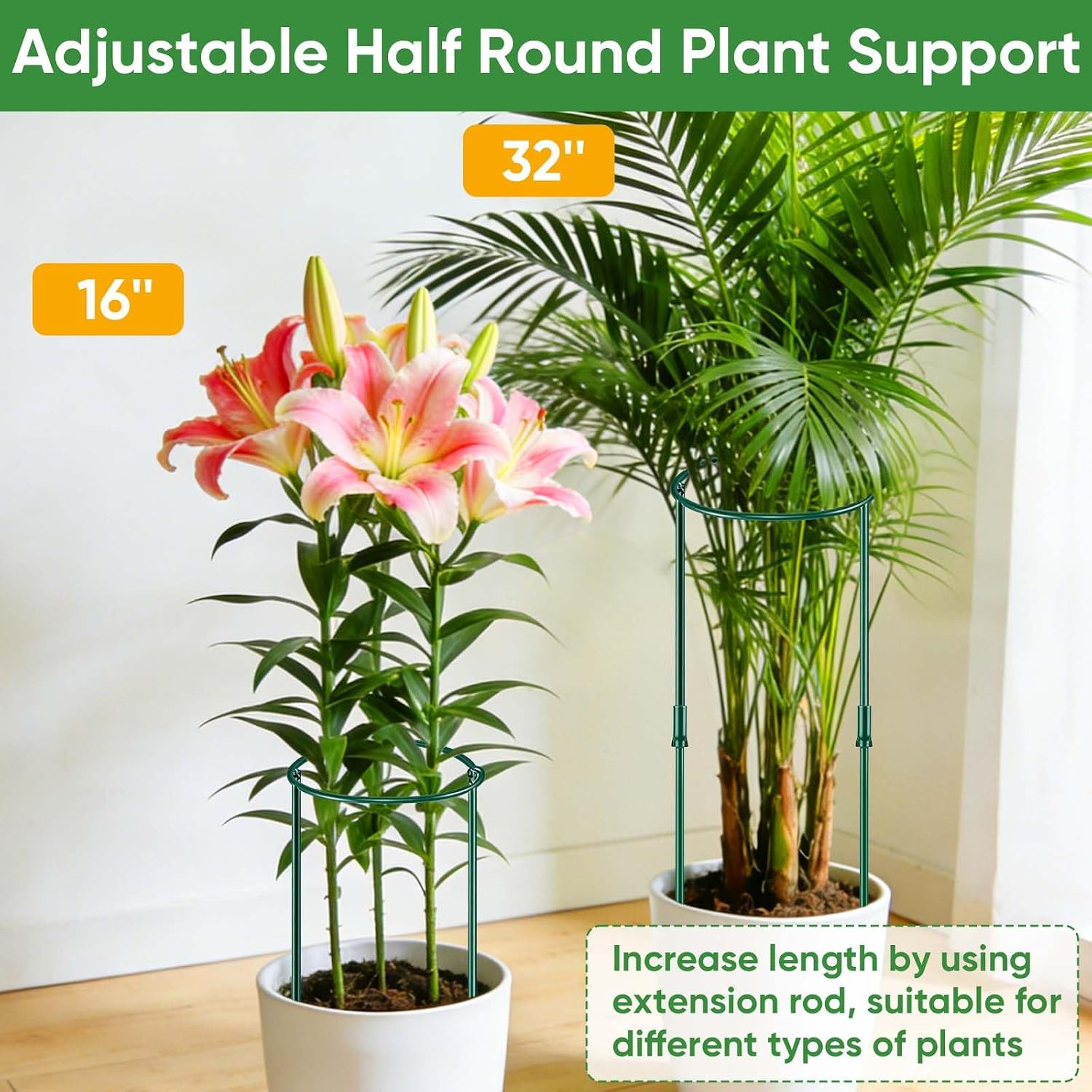 HiGift 8 Pack Plant Support Stakes, Half Round Metal Garden Plant Stake Indoor Peony Cages and Supports, Green Plant Support Ring Border for Tomato