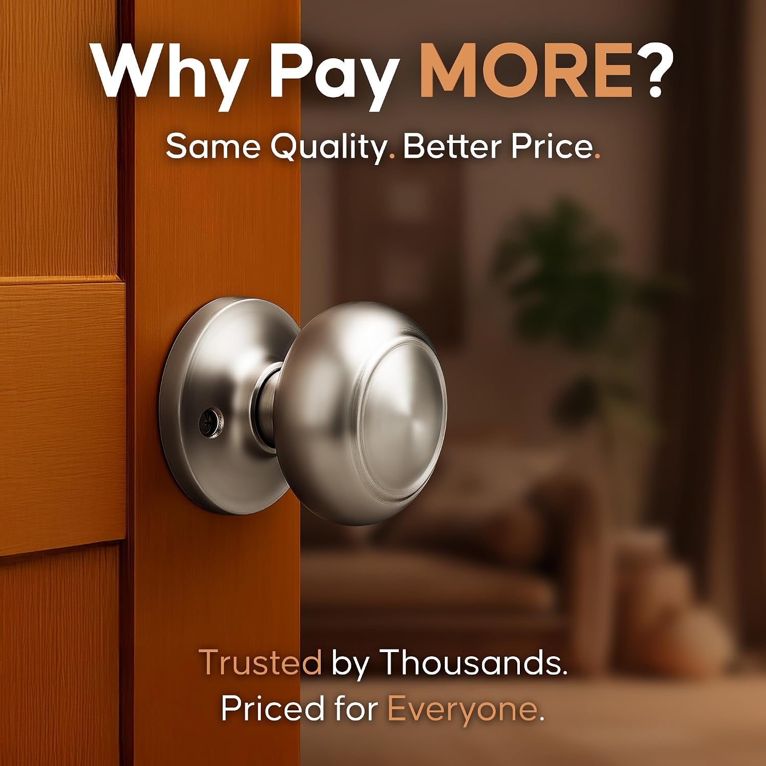 Copper Creek Colonial Privacy Interior Door Knob – ANSI Grade-3 Certified, Modern Heavy Duty Handle, Easy Install and Reversible for Bedroom, Bathroom and Closets – Satin Stainless (1 Pack)