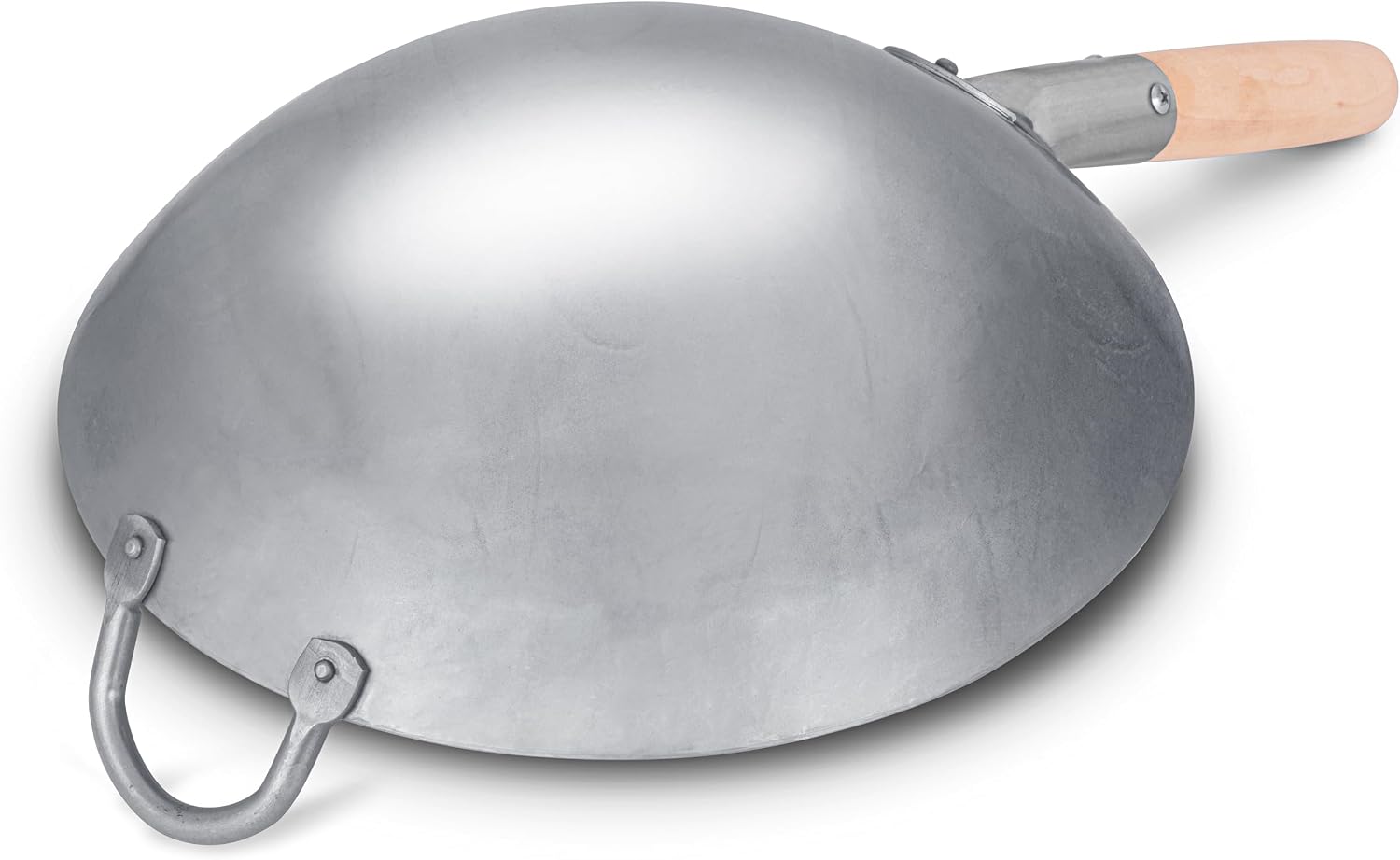 Craft Wok Traditional Hand Hammered Chinese Carbon Steel Wok with Wooden and Steel Helper Handle (14 Inch, Round Bottom Pow Wok Pan) / 731W88