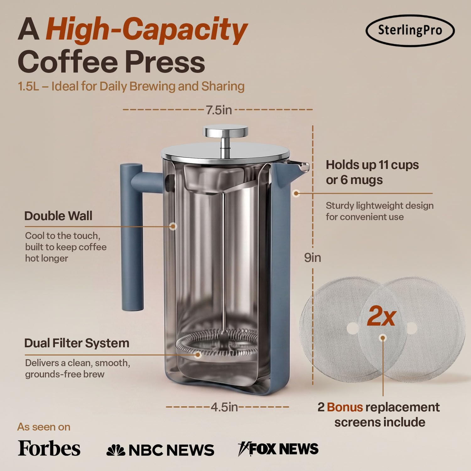 SterlingPro Large Insulated Stainless Steel French Press Coffee Maker 51oz Capacity (44 oz Brew Yield) – Double Wall Metal Coffee Press | Plastic Free | Cool-Touch | Mirror Finish | 12 Cups / 6 Mugs