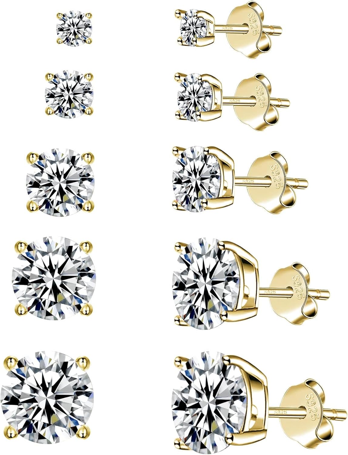 925 Sterling Silver Stud earrings Set | White Gold Plated Hypoallergenic Stud Earrings | Cubic Zirconia Stud Earrings for Women (2mm, 3mm, 4mm, 5mm