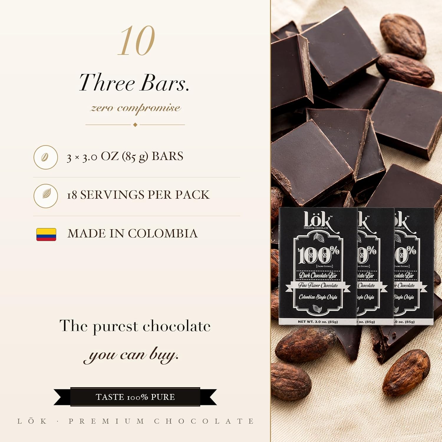 Lök Foods Dark Chocolate Bar 100% Cacao | Fair Trade, Kosher, Gluten Free, Vegan, Bean-to-Bar, Sugar-Free, No Sugar Alcohol, No Artificial Sweetener