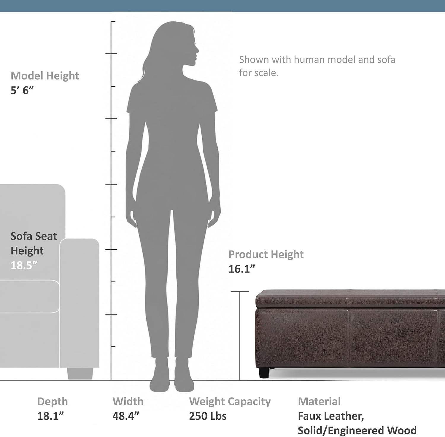 SIMPLIHOME Avalon 48" Wide Vegan Leather Storage Ottoman in Brown