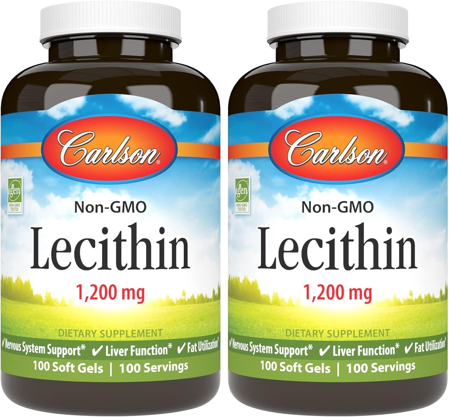 Carlson Lecithin, Non-GMO, 1200 mg, 100 Softgels | Nervous System Health; Liver Function; Unbleached Soy Lecithin
