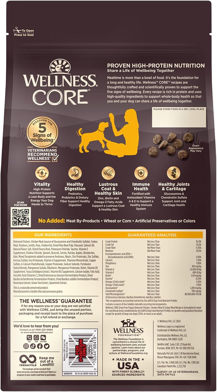 Wellness CORE Puppy Dry Dog Food, Grain Free Kibble, Natural, High Protein, Chicken and Turkey Recipe, 4 lb Bag