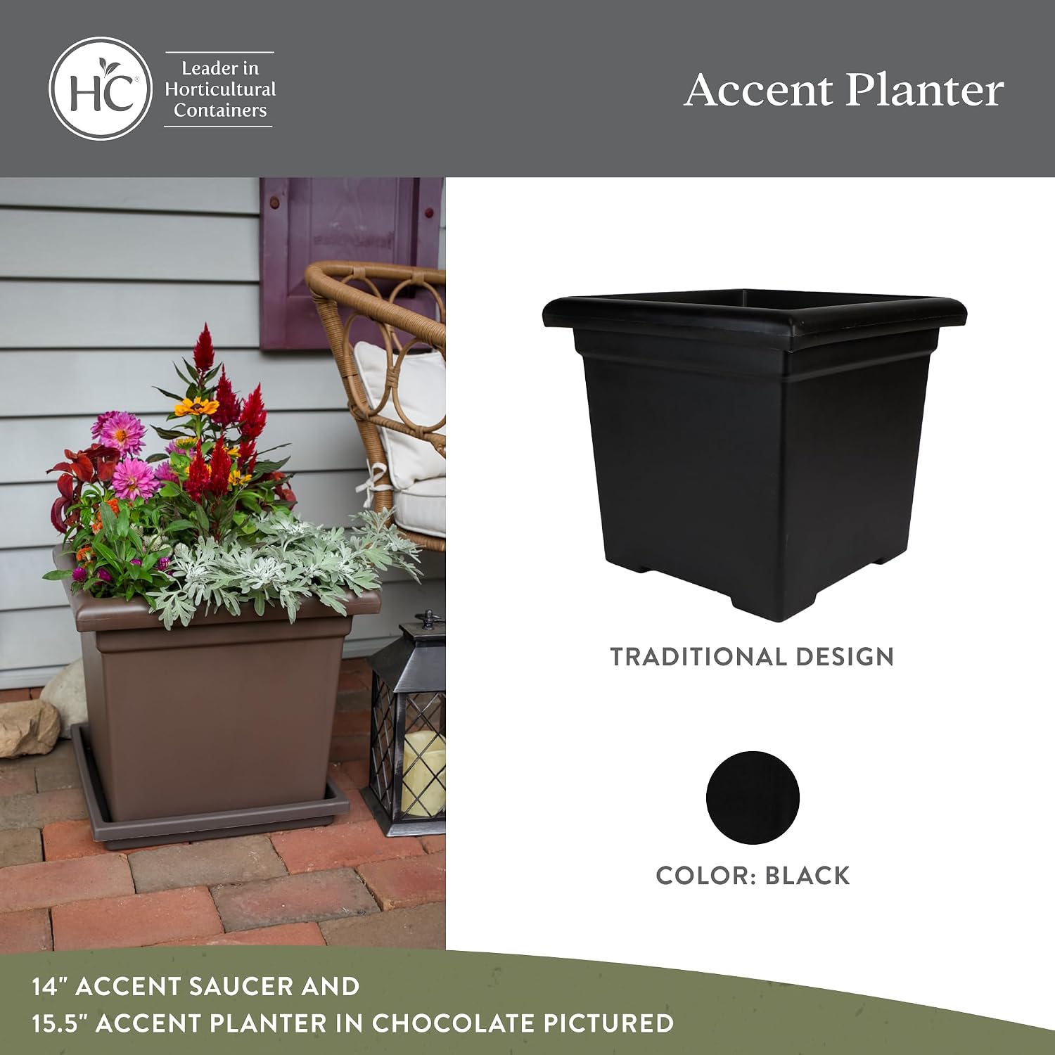 The HC Companies Accent Square Plant Pot w/Drainage - Classic Planters for Outdoor Plants & Indoor Plants - Lightweight & UV-Resistant Square Planter Box (15.5”, Sandstone, Pack of 1)