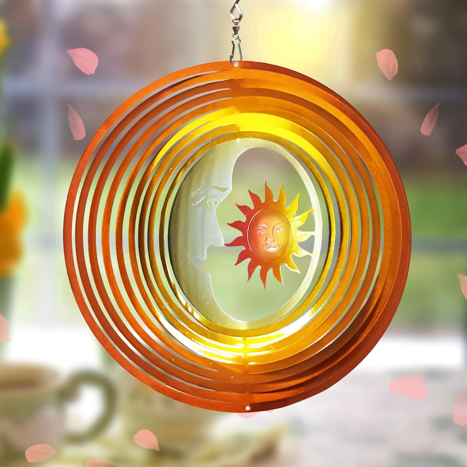 FONMY Wind Spinner 3D Stainless Steel Laser Cut Metal Art 12 inches Moon and Sun Hanging Wind Spinner