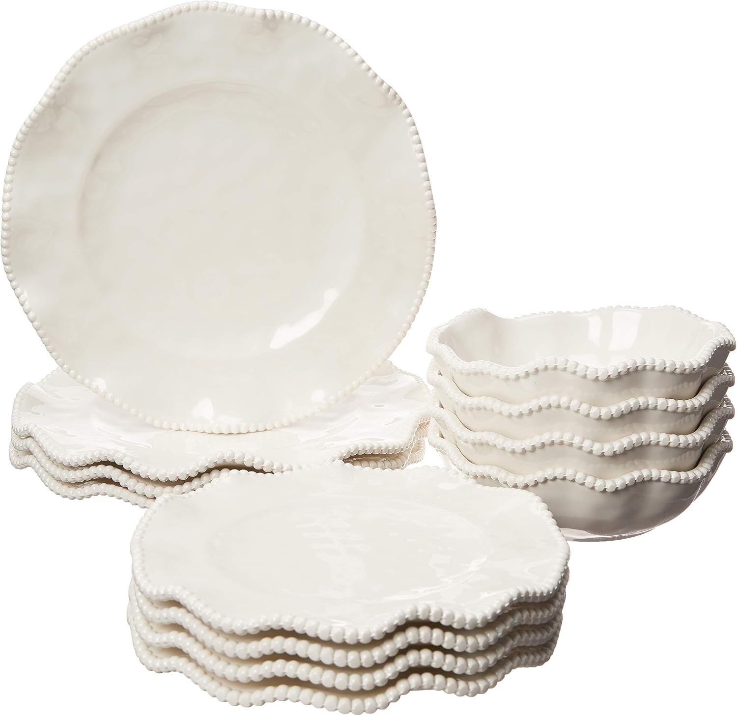 Perlette Off-White Beaded 12-Piece Dinnerware Set – Includes 4 Dinner Plates, 4 Salad Plates, 4 Bowls (7.5" x 2"