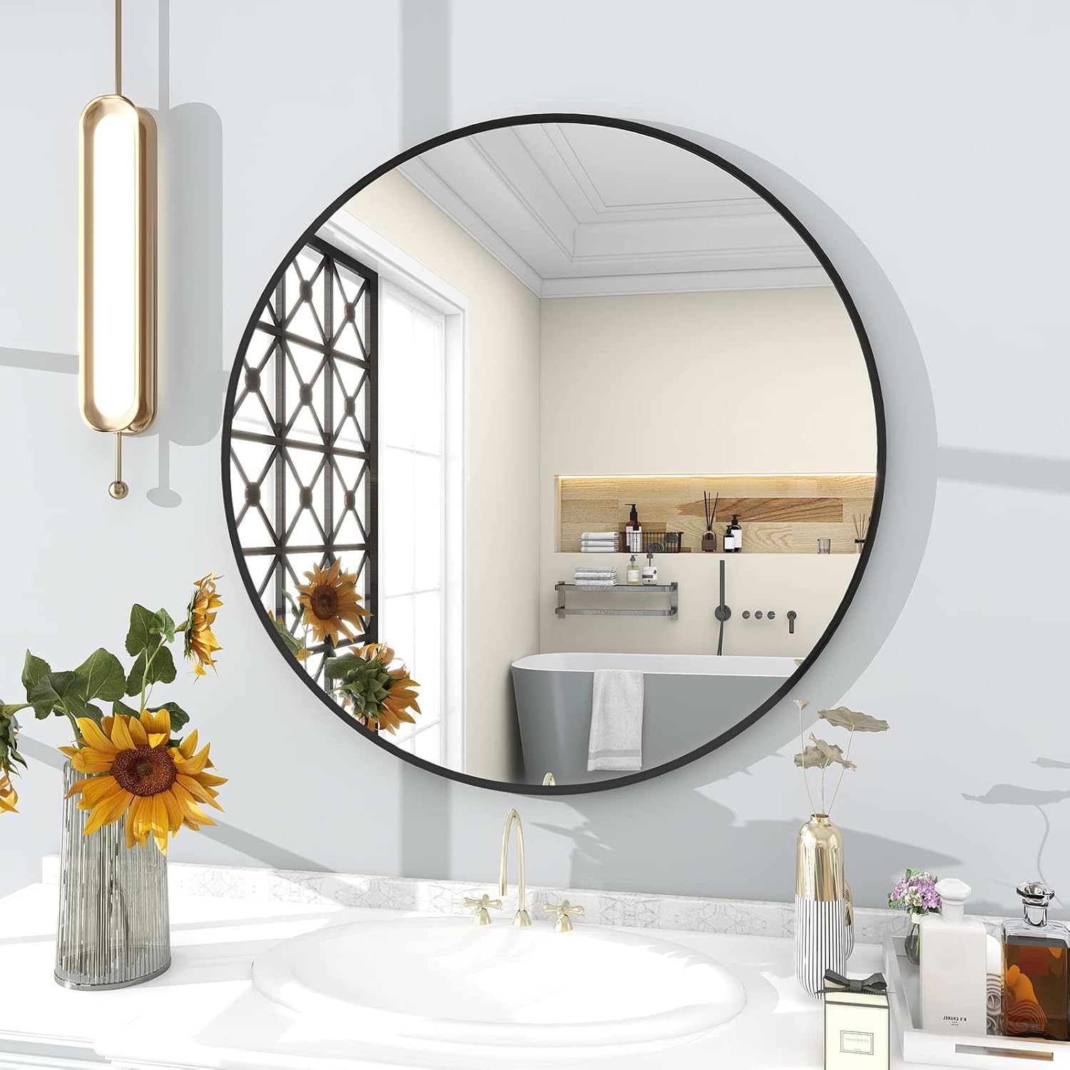 BEAUTYPEAK 24 Inch Round Mirror, Metal Frame Circle Mirror, White