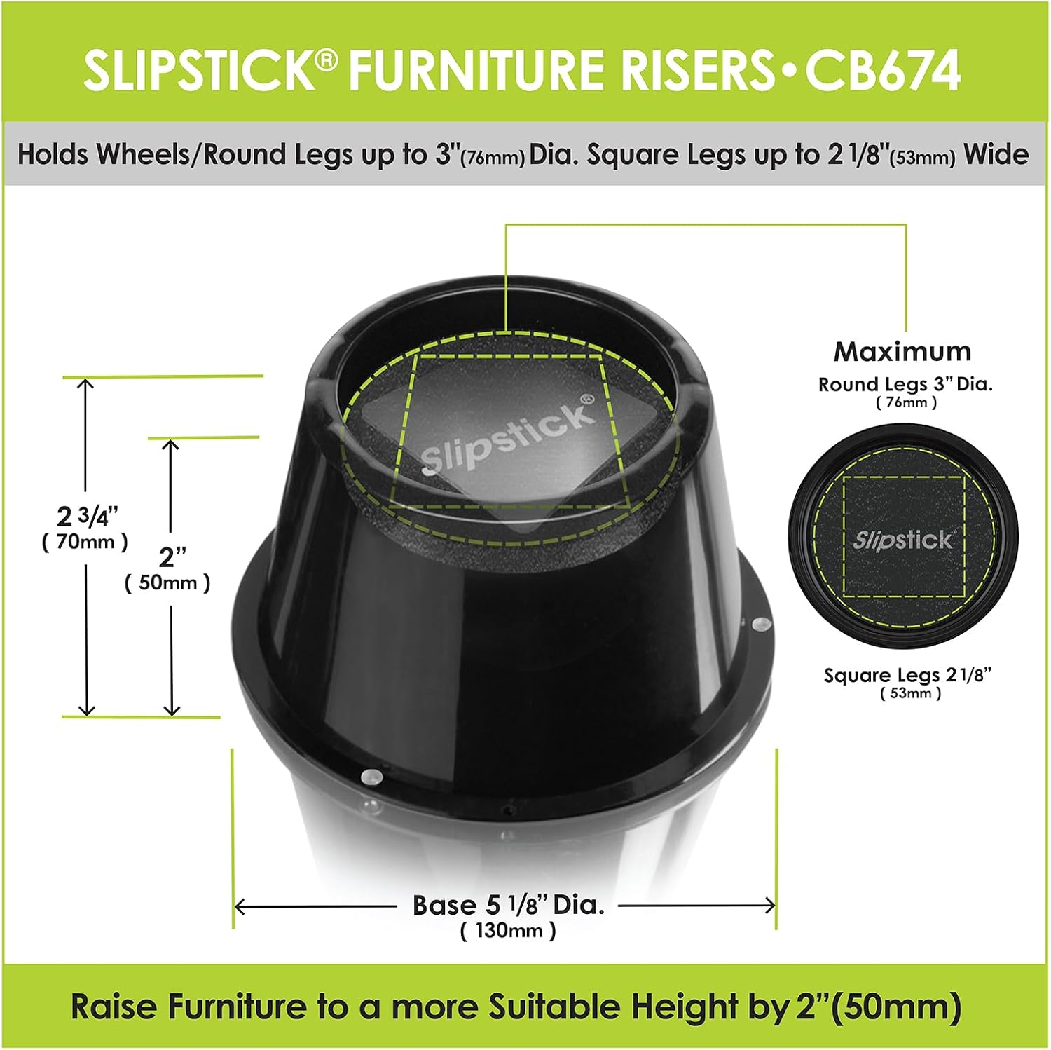 Slipstick CB672 Premium 3 Inch Bed Risers/Furniture Raisers with Steel Reinforced Caster Wheel Holder Top, Lifts Height 3" (4 Pack) Supports 2