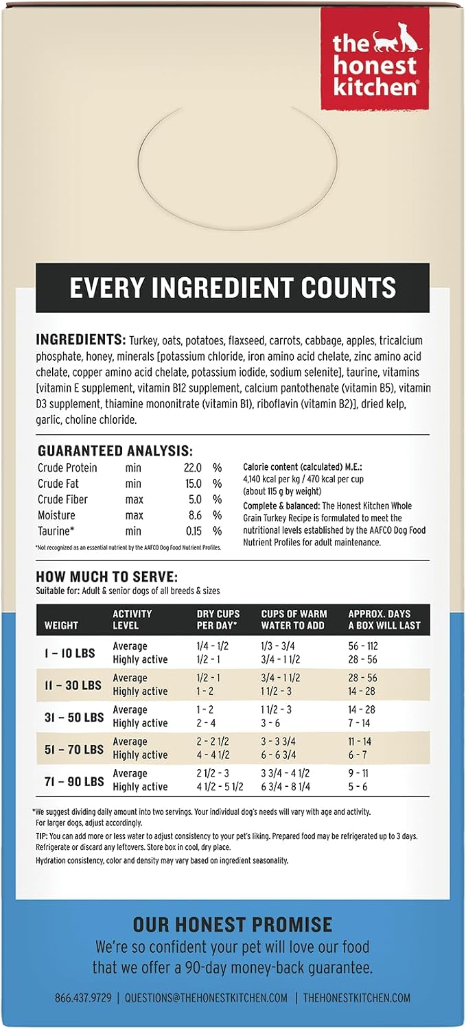 The Honest Kitchen Human Grade Wholemade™ Dehydrated Whole Grain Dog Food – Complete Meal or Dog Food Topper – Turkey 4 lb (Makes 16 lbs)