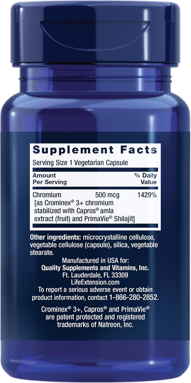 Life Extension Optimized Chromium with Crominex 3+, 500 mcg, 60 Capsules | Glucose Health Support, Gluten-Free, Non-GMO & Vegetarian