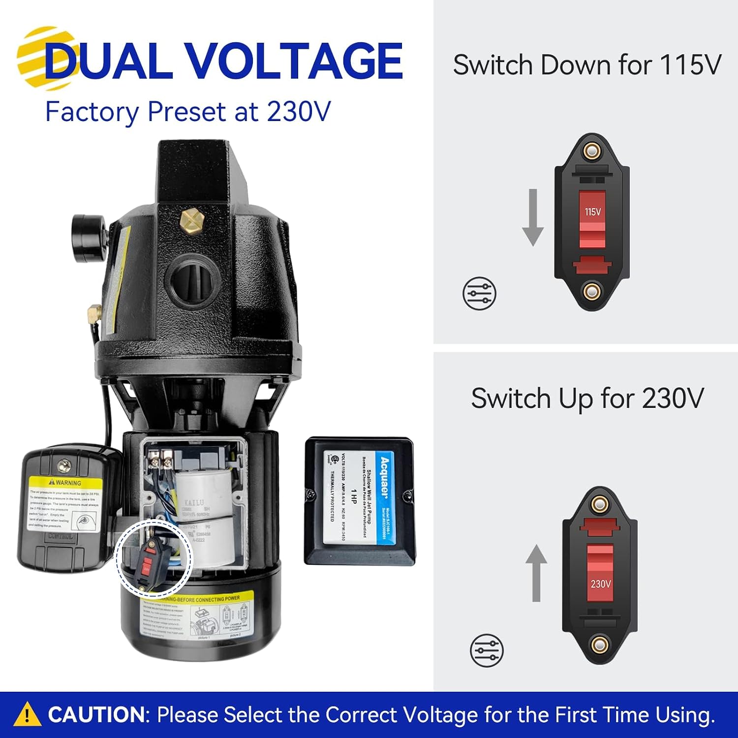 Shallow Well Jet Pump,Cast Iron, Well Depth Up to 25ft, 115V/230V Dual Voltage, Automatic Pressure Switch