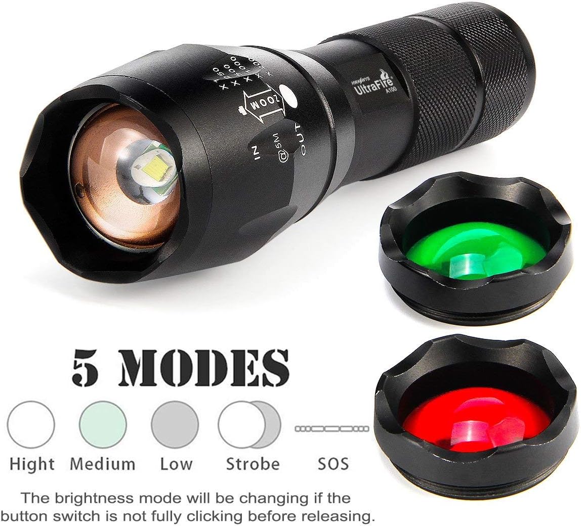 ULTRAFIRE A100 Tactical Flashlight, 800 Lumens 5 Modes LED Zoomable Hunting Flashlight Torch with Duty Belt Flashlight Holster