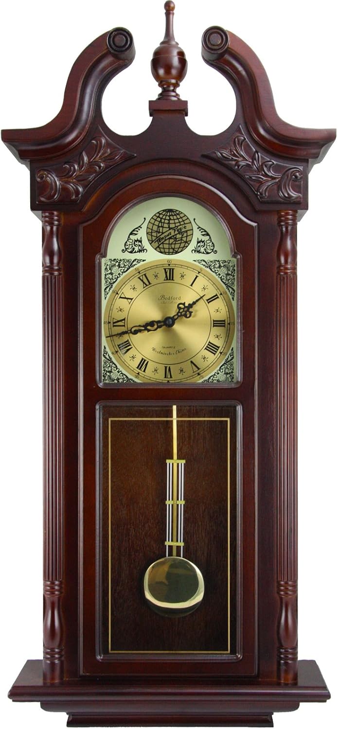 Bedford Clock Collection Grand Antique Colonial Chiming Wall Clock with Roman Numerals in a Cherry Oak Finish, 38" L