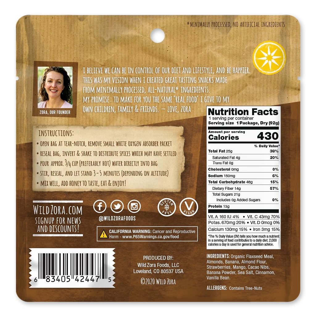 Wild Zora Paleo Freeze Dried Meals for Backpacking & Camping - Healthy Gluten Free & Grain Free Camping Meals/Backpacking Food + No Added Sugar - Great for Travel (Cliffside Coconut Berry 2-Pack)