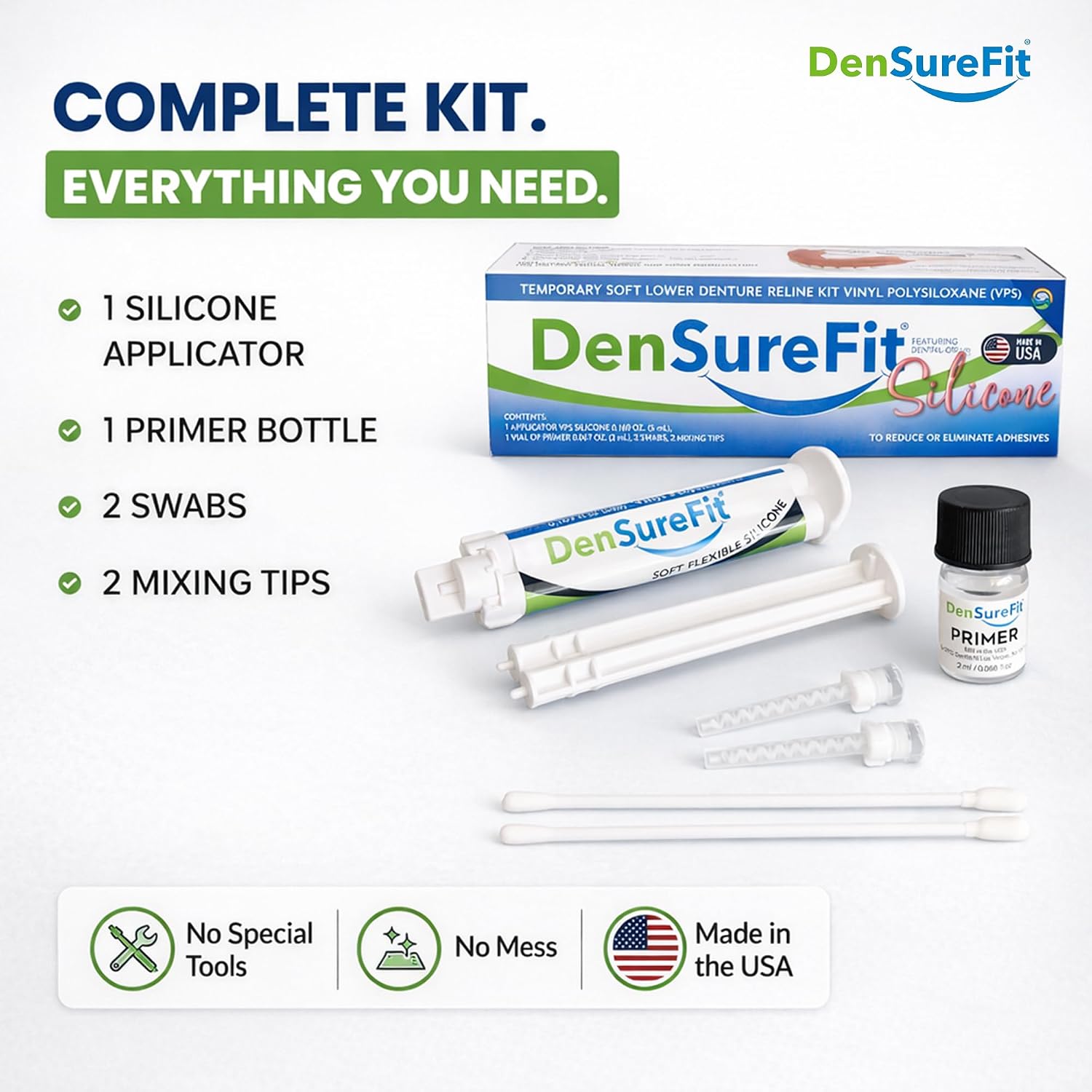 DenSureFit Lower Denture Reline Kit, Soft Silicone Liner | Soft silicone liner for loose lower dentures, helps improve fit