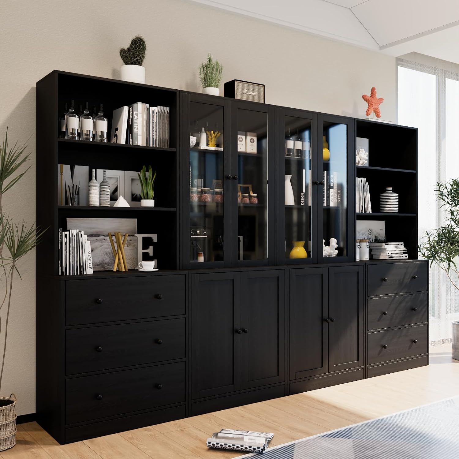 TUSY 71" H Bookcase with Storage | 6-Tier Modern Bookshelf with Drawers, Display Bookcase with Glass Doors, White Curio Cabinet for Home Office, Living Room