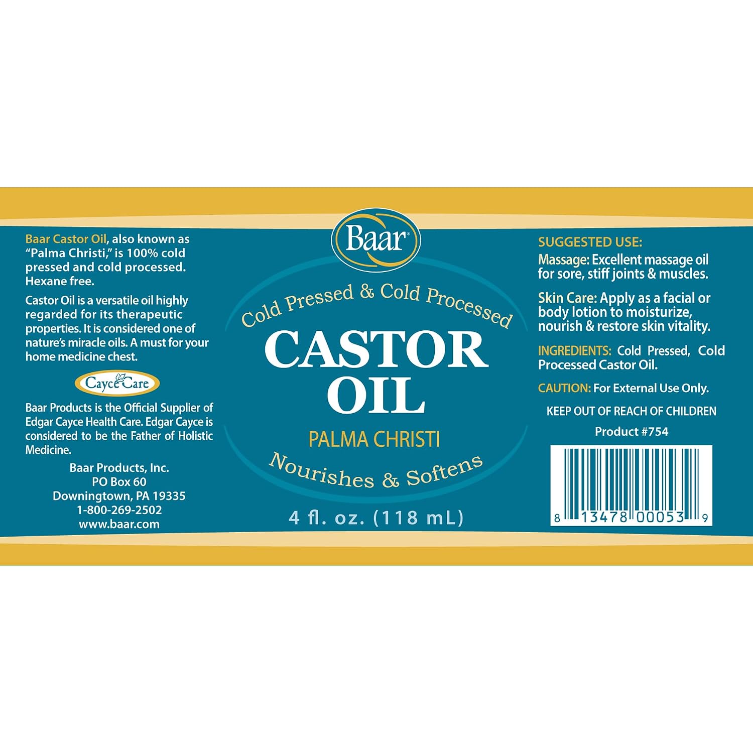 Baar Cold-Pressed Castor Oil, Cold-Processed, Hexane-Free, Palma Christi, for Skin, Hair, Massage & Castor Oil Packs, BPA-Free Bottle, 32 oz | Hexane free, Palma Christi oil, BPA-free bottle, skin, hair and massage applications