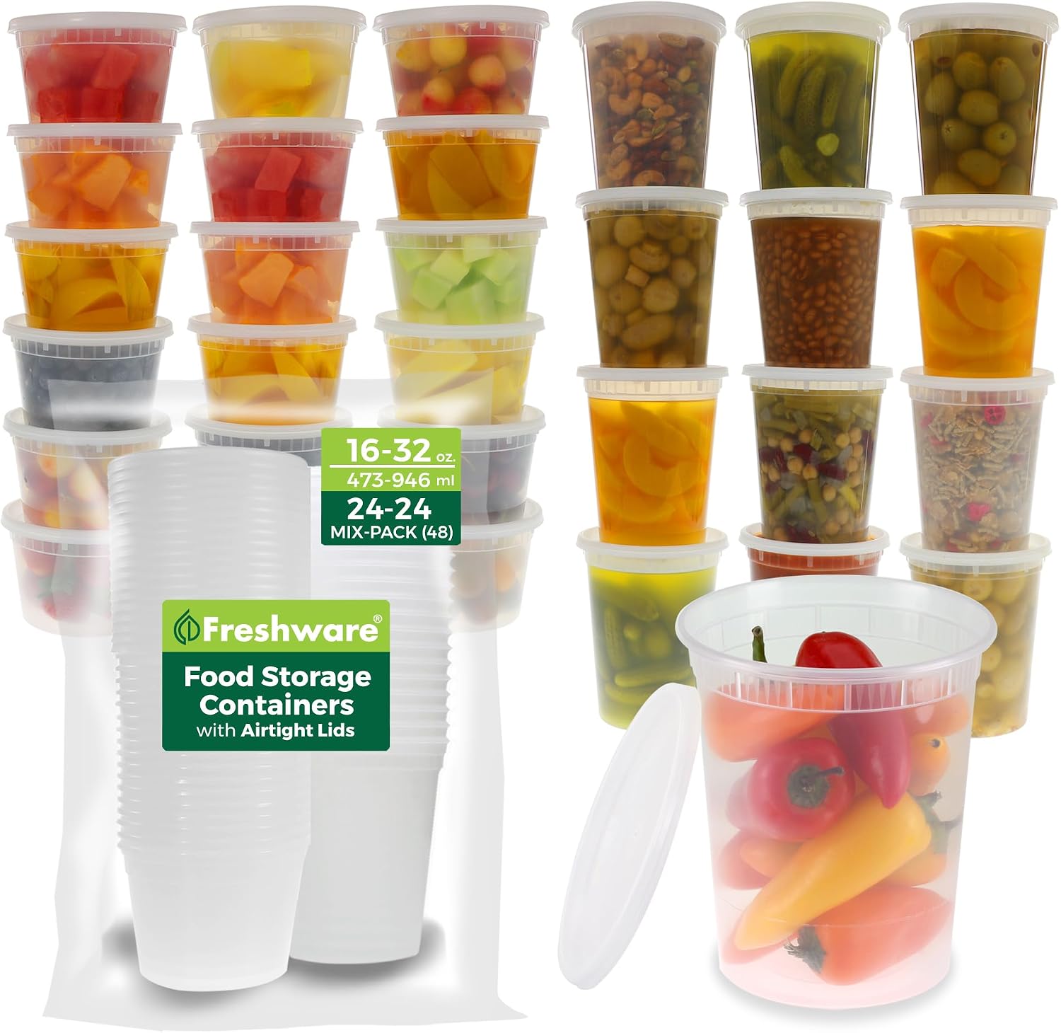 Freshware Food Storage Containers [24 Set] 32 oz Plastic Deli Containers with Lids, Slime, Soup, Meal Prep Containers | BPA Free | Stackable | Leakproof | Microwave/Dishwasher/Freezer Safe