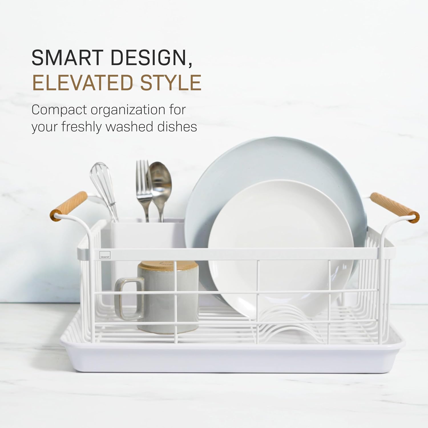 YAMAZAKI Home Dish Drying Rack – Modern White Dish Rack for Kitchen Counter with Removable Drying Tray and Cutlery Holder, Steel + Wood Dish Drying Organizer - Steel + Wood - | Modern dish drying rack organizer with steel and wood construction. Small spa…