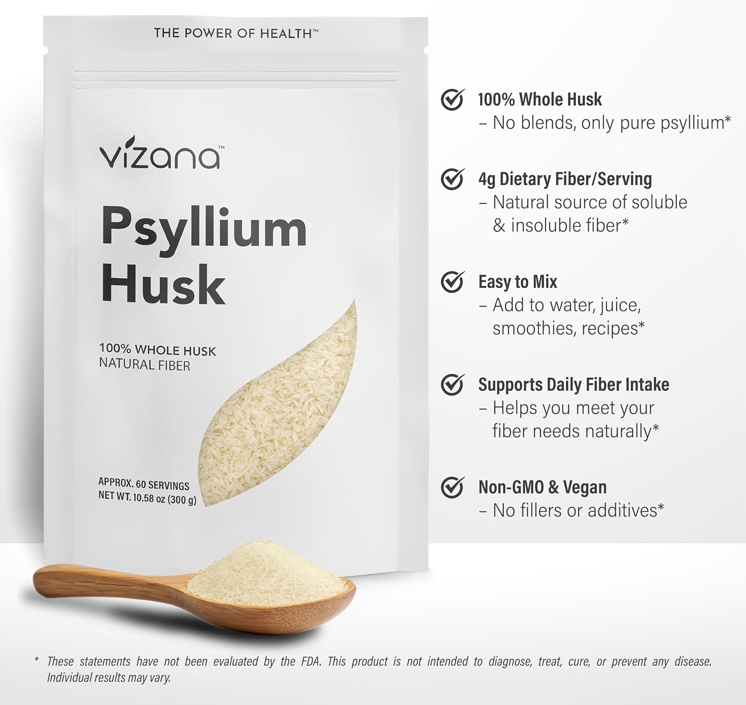 VIZANA Psyllium Husk – 100% Whole Husk Natural Fiber – Pure Plantago Ovata – No Additives, Gluten-Free